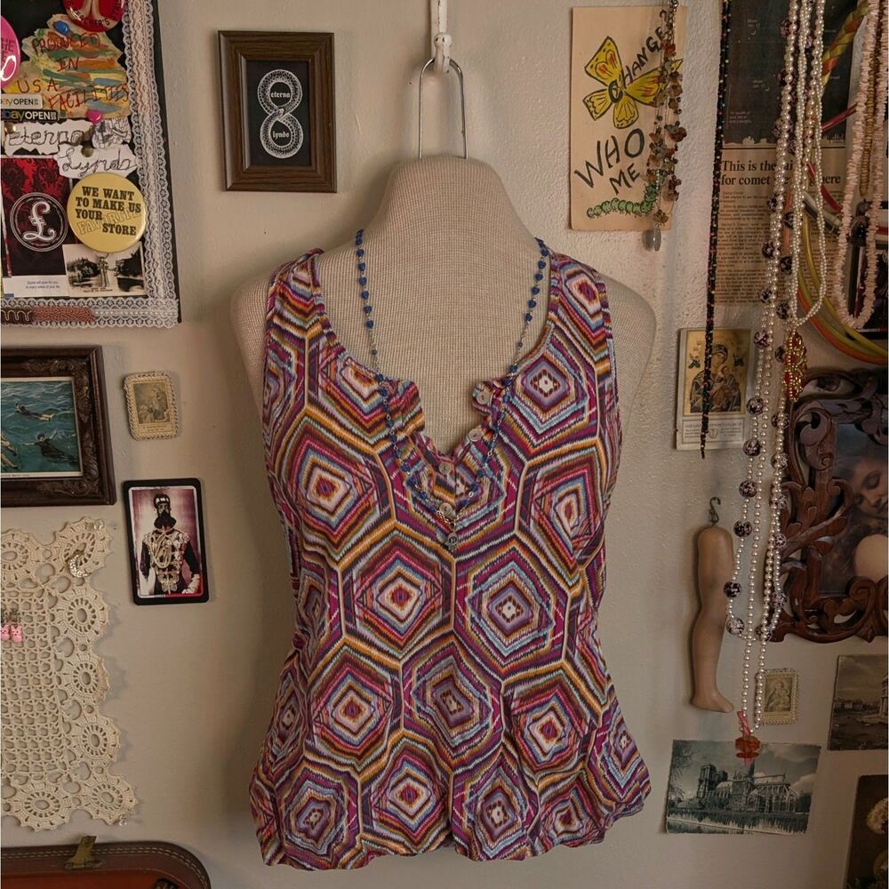 Geometric Print Henley Tank Top Blouse Women's Small Pink Purple